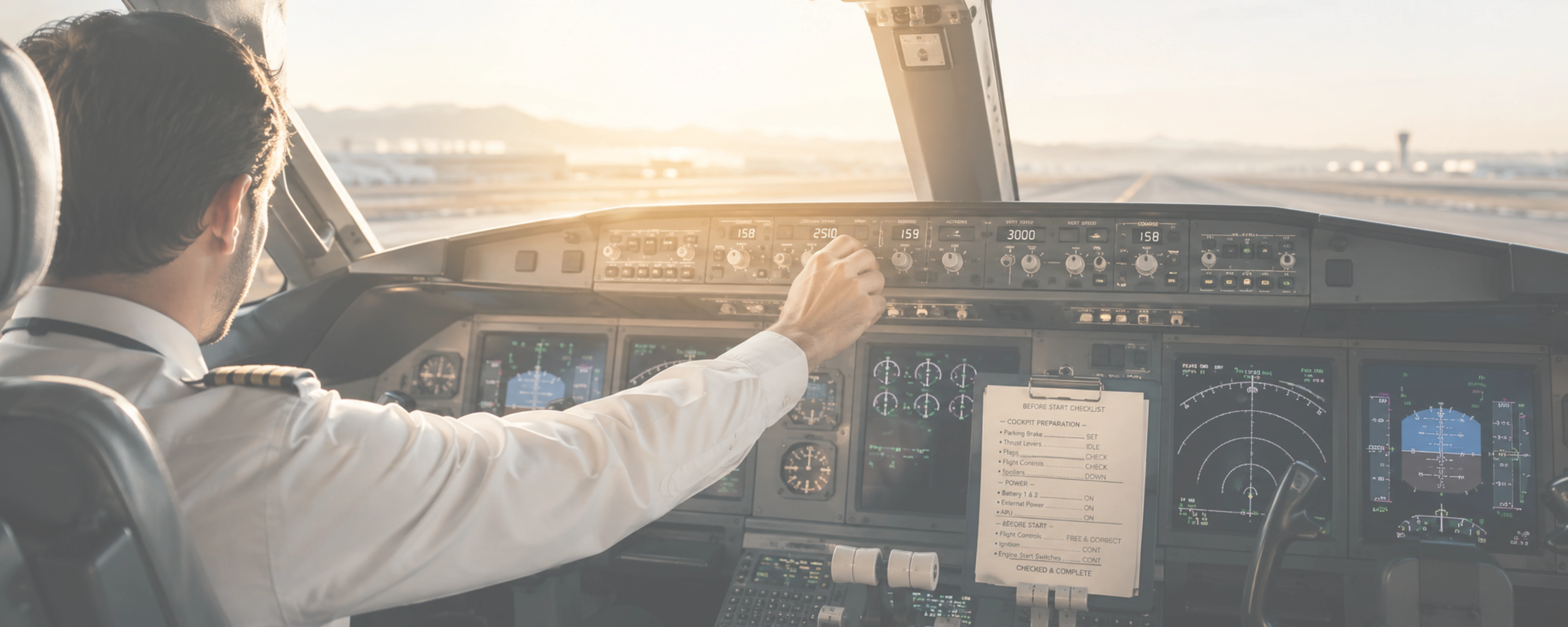 A commercial airline pilot performing pre-flight cockpit checks before departure.