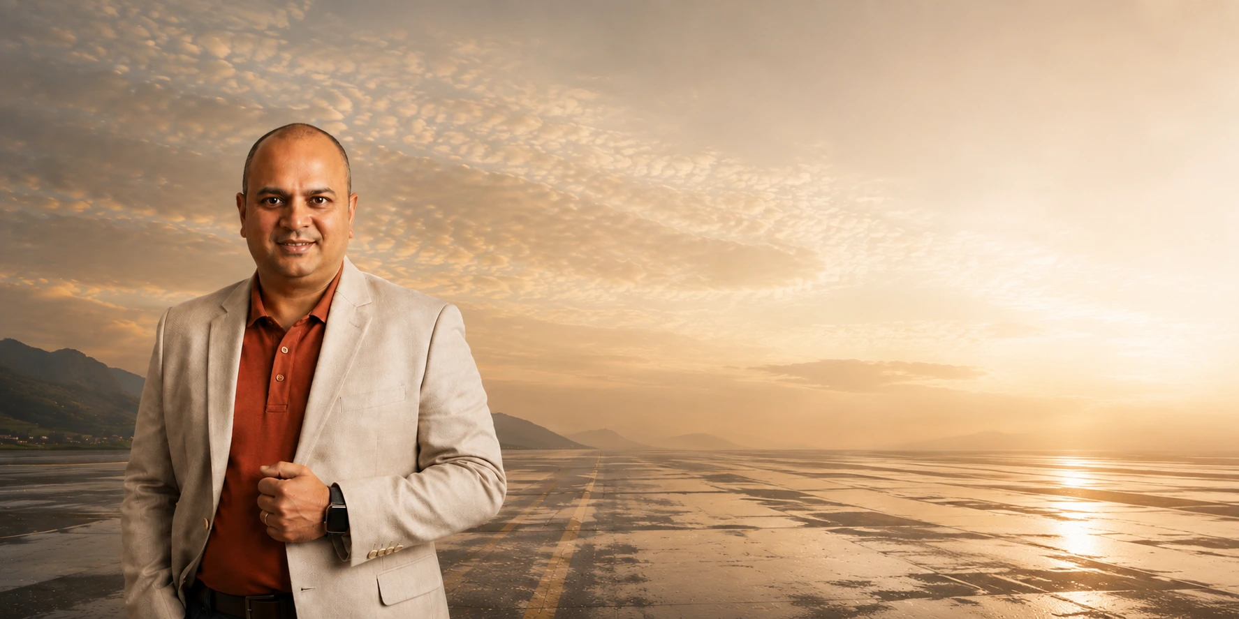 Sandeep Ghag standing confidently against a cinematic landscape.